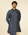 alt message - Manyavar Men Dark Blue Imperial Paisley Patterned Angrakha Style Kurta Set image number 0